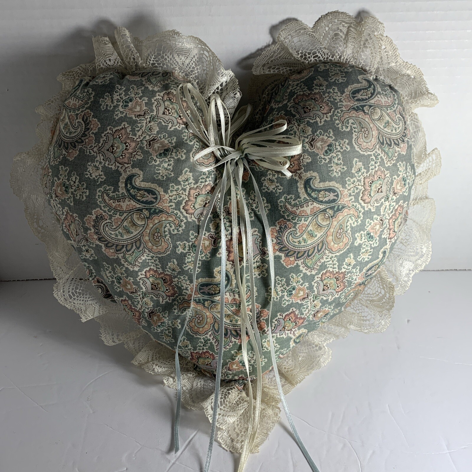 Vtg Handcrafted Heart &Lace Throw Pillow~Sage Paisley~Ribbons~French Country Vtg Handcrafted Heart &Lace Throw Pillow~Sage Paisley~Ribbons~French Country