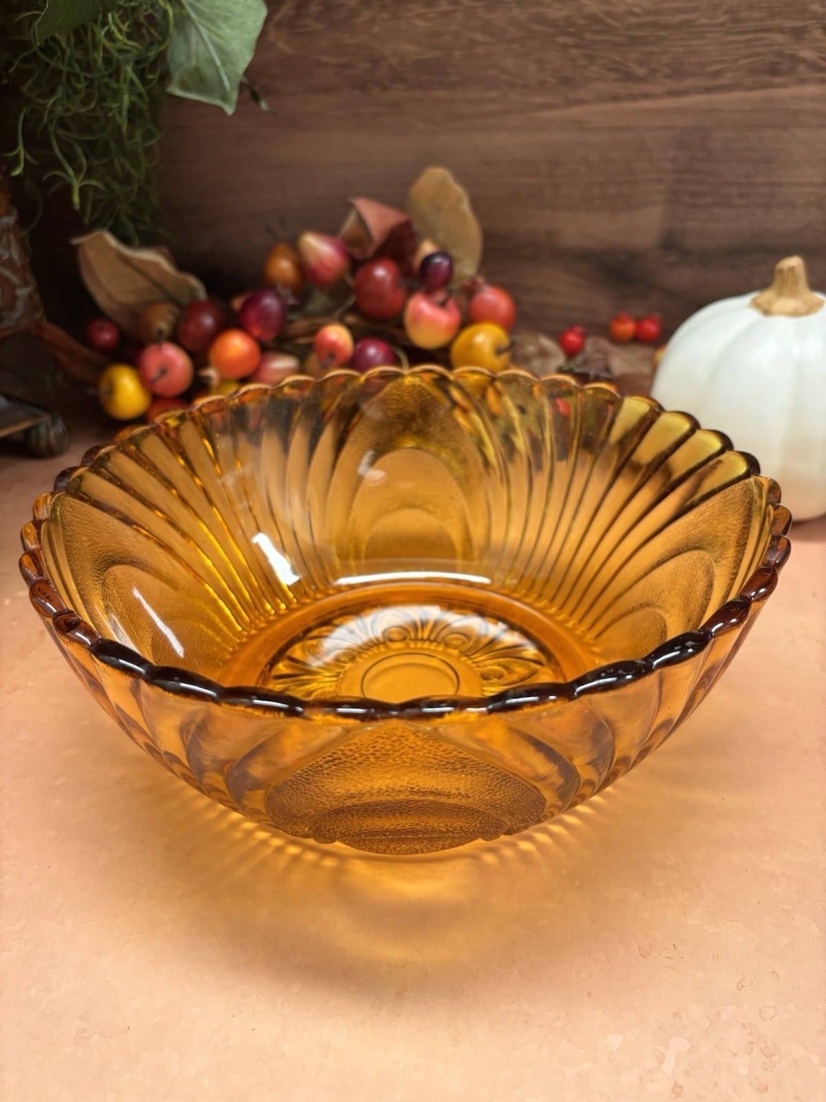 VTG Indiana Glass Lotus Bowl Amber Glass Serving Dish Mid Century Modern MCM VTG Indiana Glass Lotus Bowl Amber Glass Serving Dish Mid Century Modern MCM