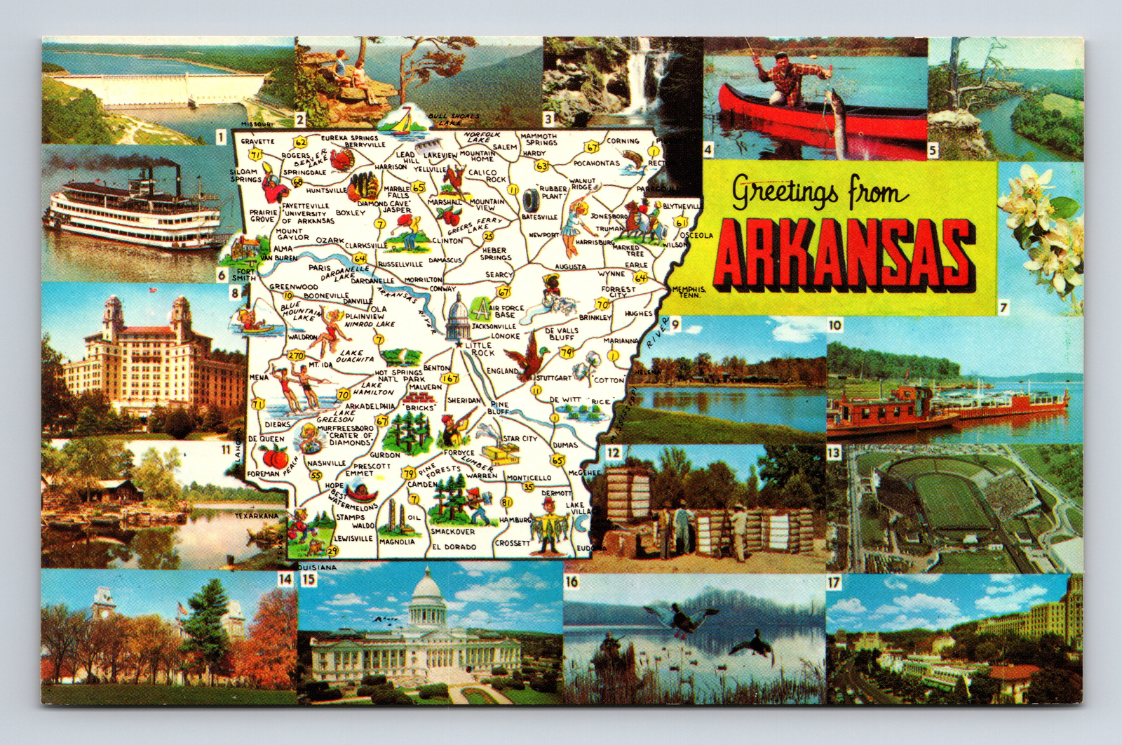 Pictorial Map Multi-View Attractions Greetings From Arkansas AR Postcard