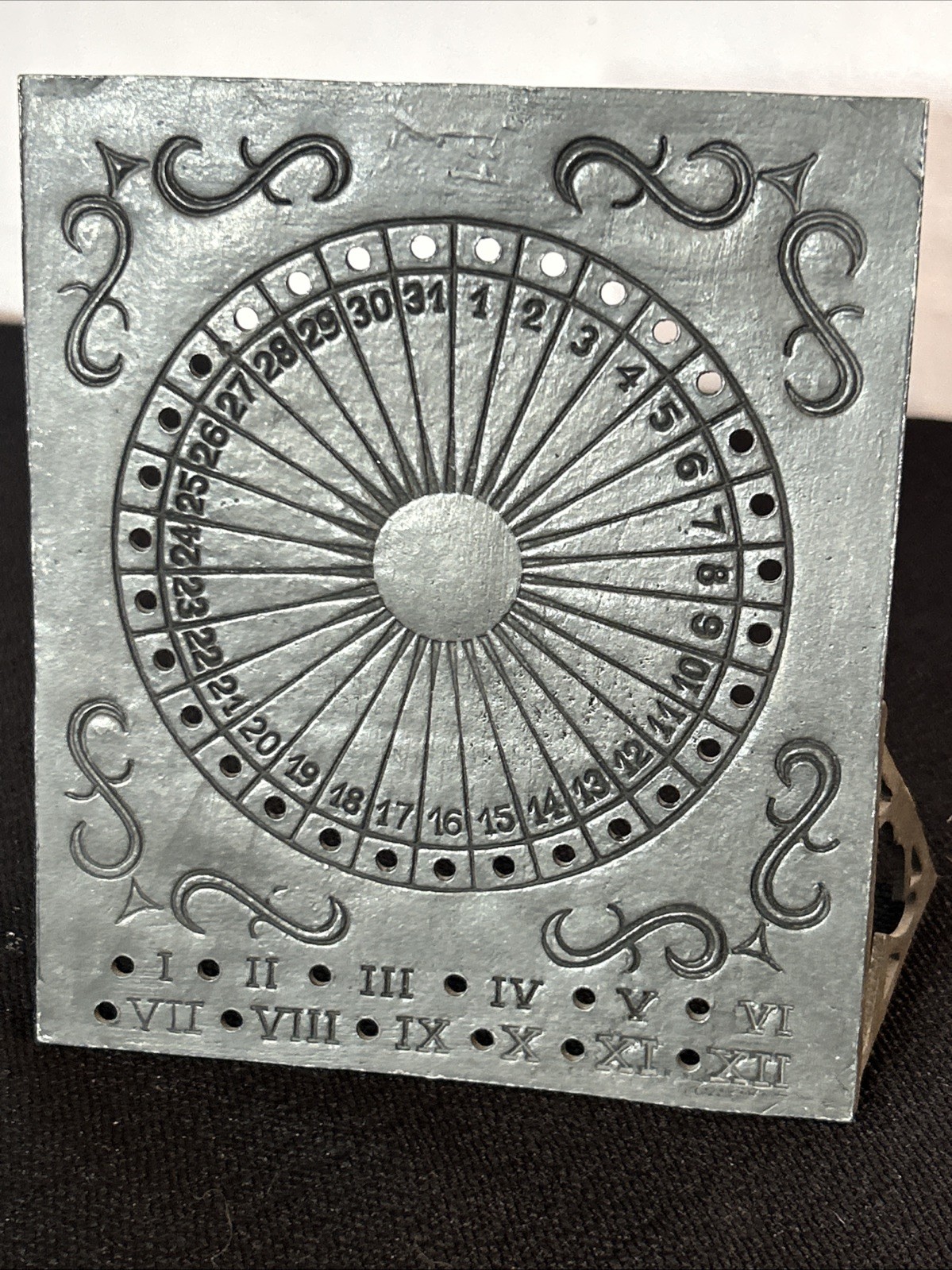 Vtg Madison House Oneida Pewter Portugal Perpetual Calendar Scrolled Side Stands