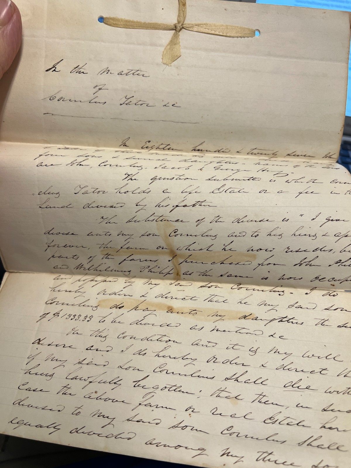 1827 Handwritten Ribbon Bound  Estate Law Legal Document