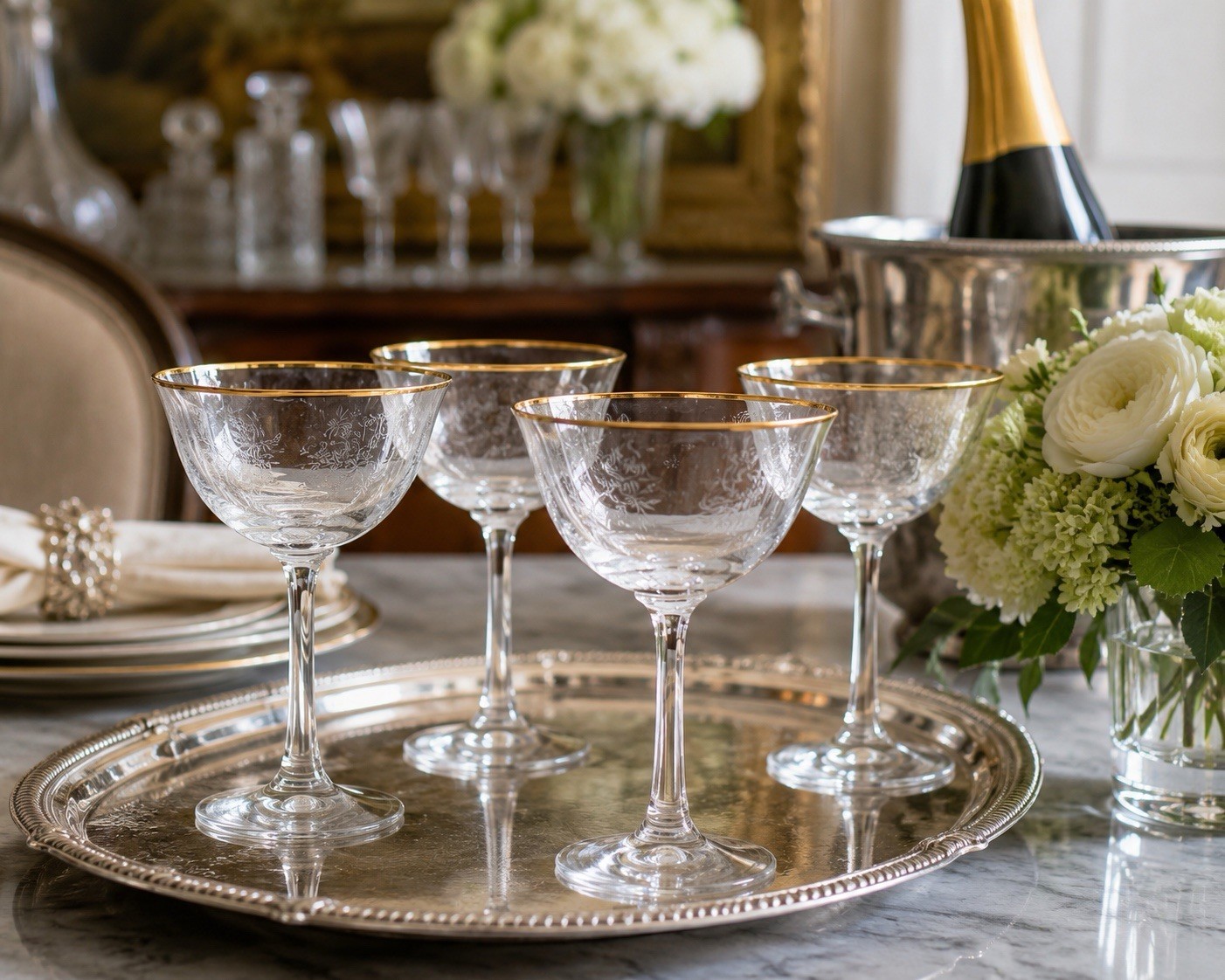 Lenox Fontaine Gold Trim Champagne Glasses Set of 4 Etched Floral Vintage 5.5”