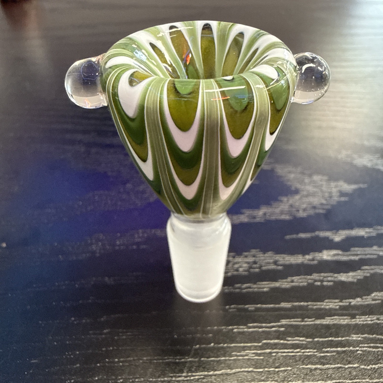Clover Glass 14MM Slide Bowl For a Water Pipe Forest Green, Green, White Swirl Clover Glass 14MM Slide Bowl For a Water Pipe Forest Green, Green, White Swirl