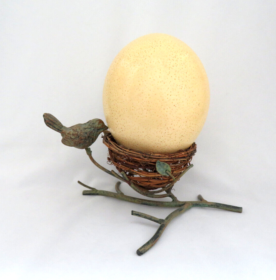 Genuine Ostrich Egg in Twig Nest Stand with Iron Bird