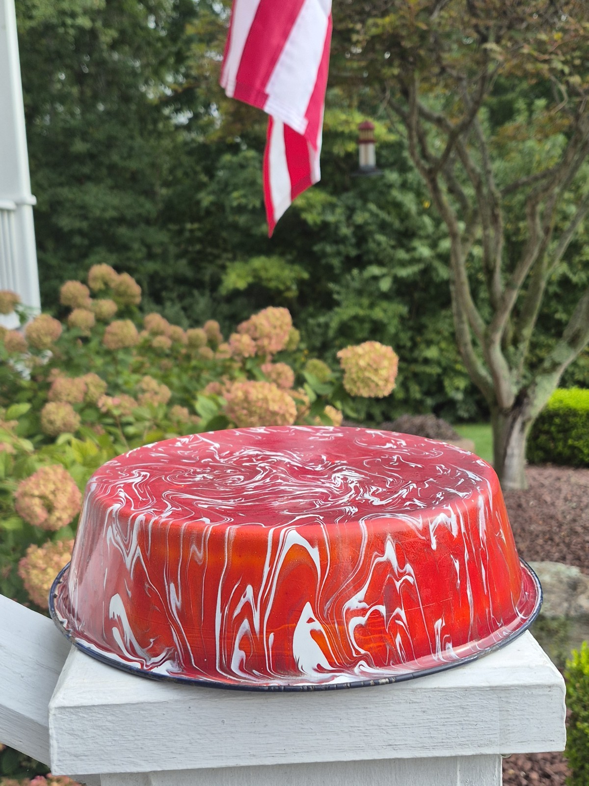 Antique RED & WHITE Swirl Graniteware Milk Pan 10-3/4 INCH