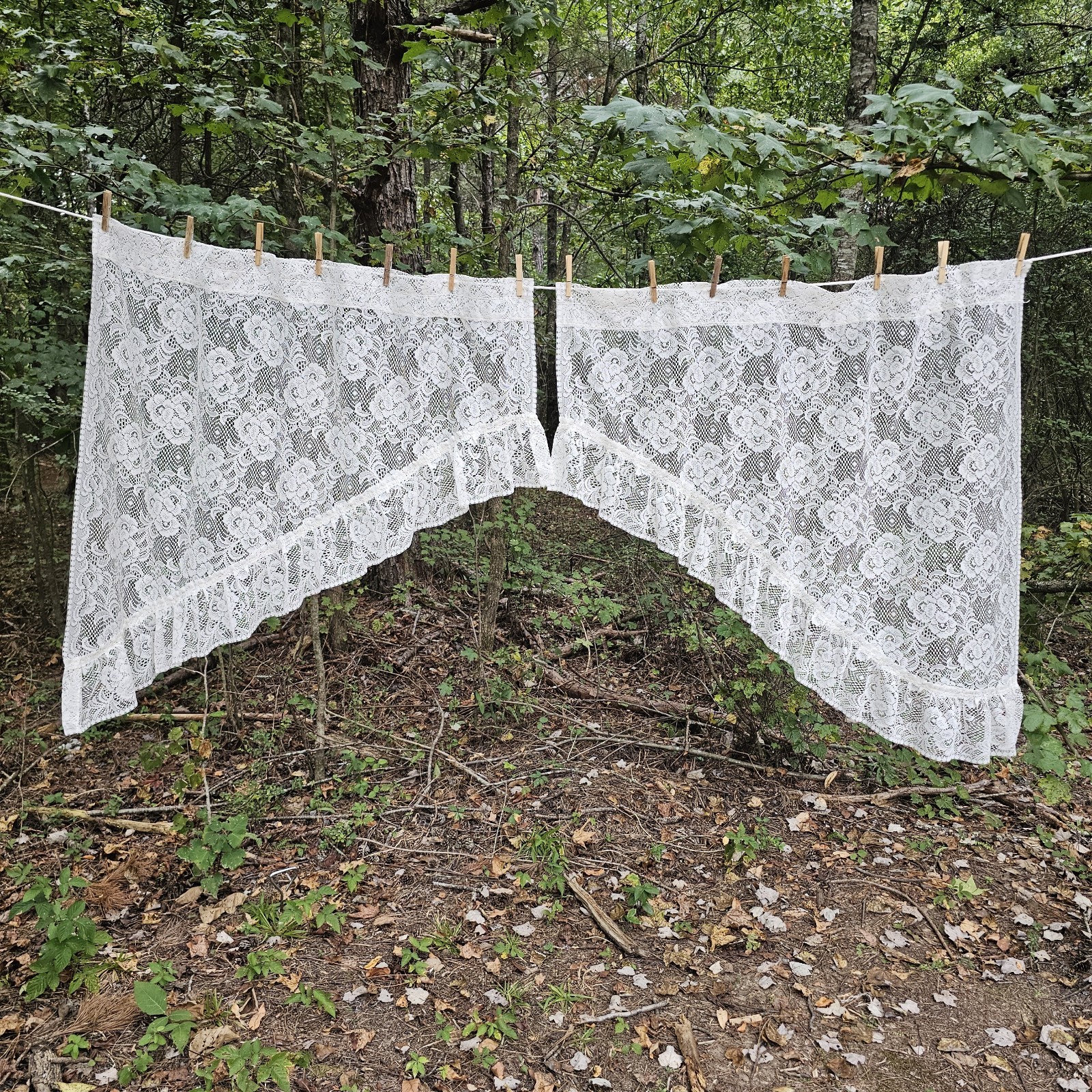 Vintage Creamy White Floral Lace Swag Curtains Ruffled Scalloped Hem T11 Vintage Creamy White Floral Lace Swag Curtains Ruffled Scalloped Hem T11