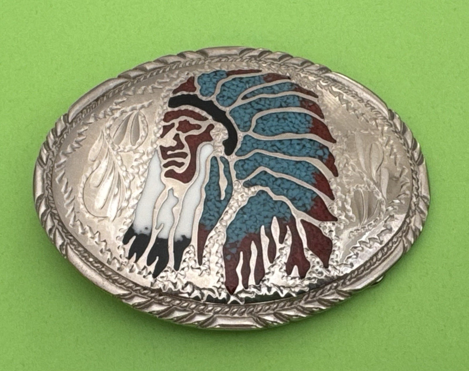 Vintage Handcrafted SSI 1988 Native American Indian Chief Gem Inlay Belt Buckle Vintage Handcrafted SSI 1988 Native American Indian Chief Gem Inlay Belt Buckle