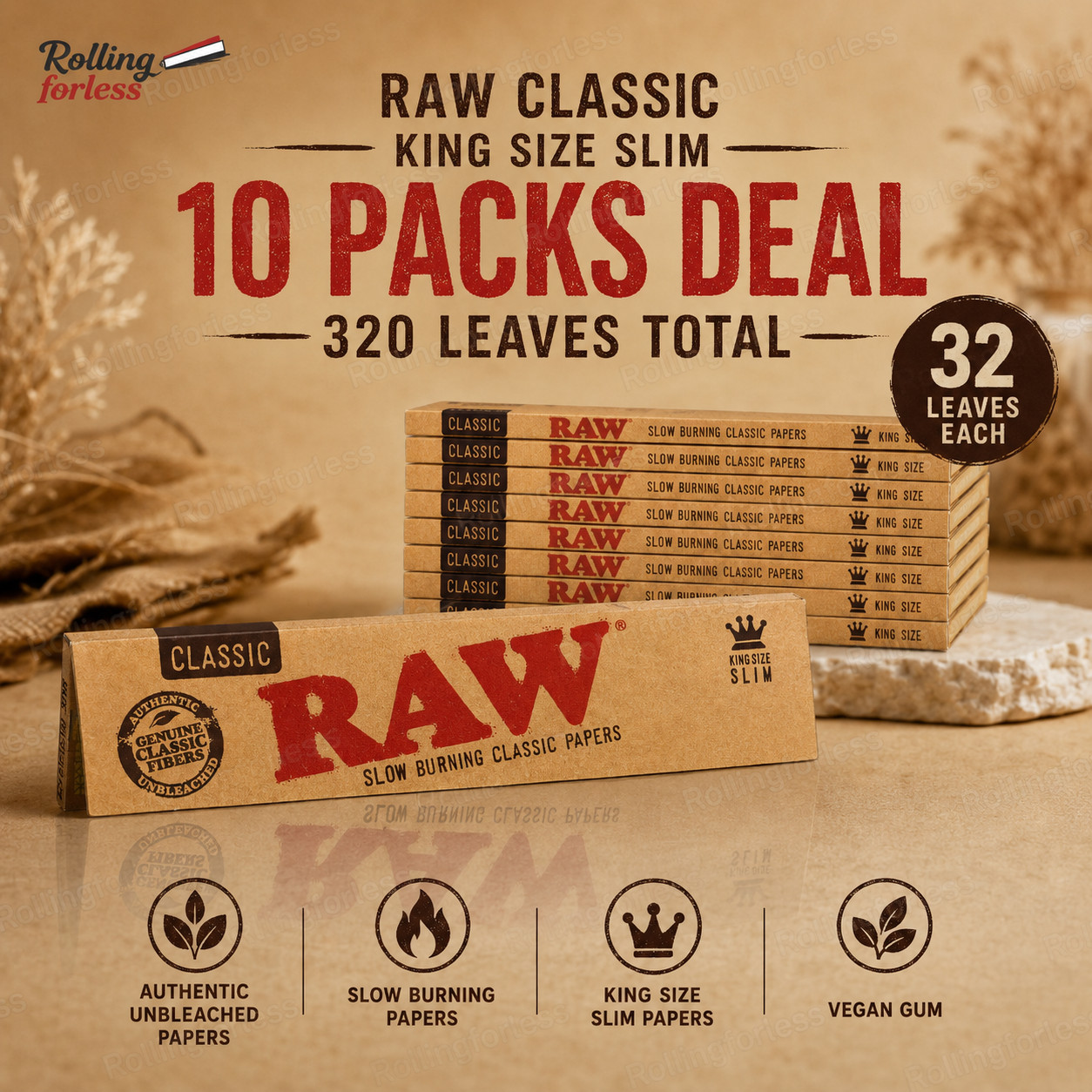 RAW Classic King Size Slim Rolling Papers 10 Packs 32 Leaves Authentic