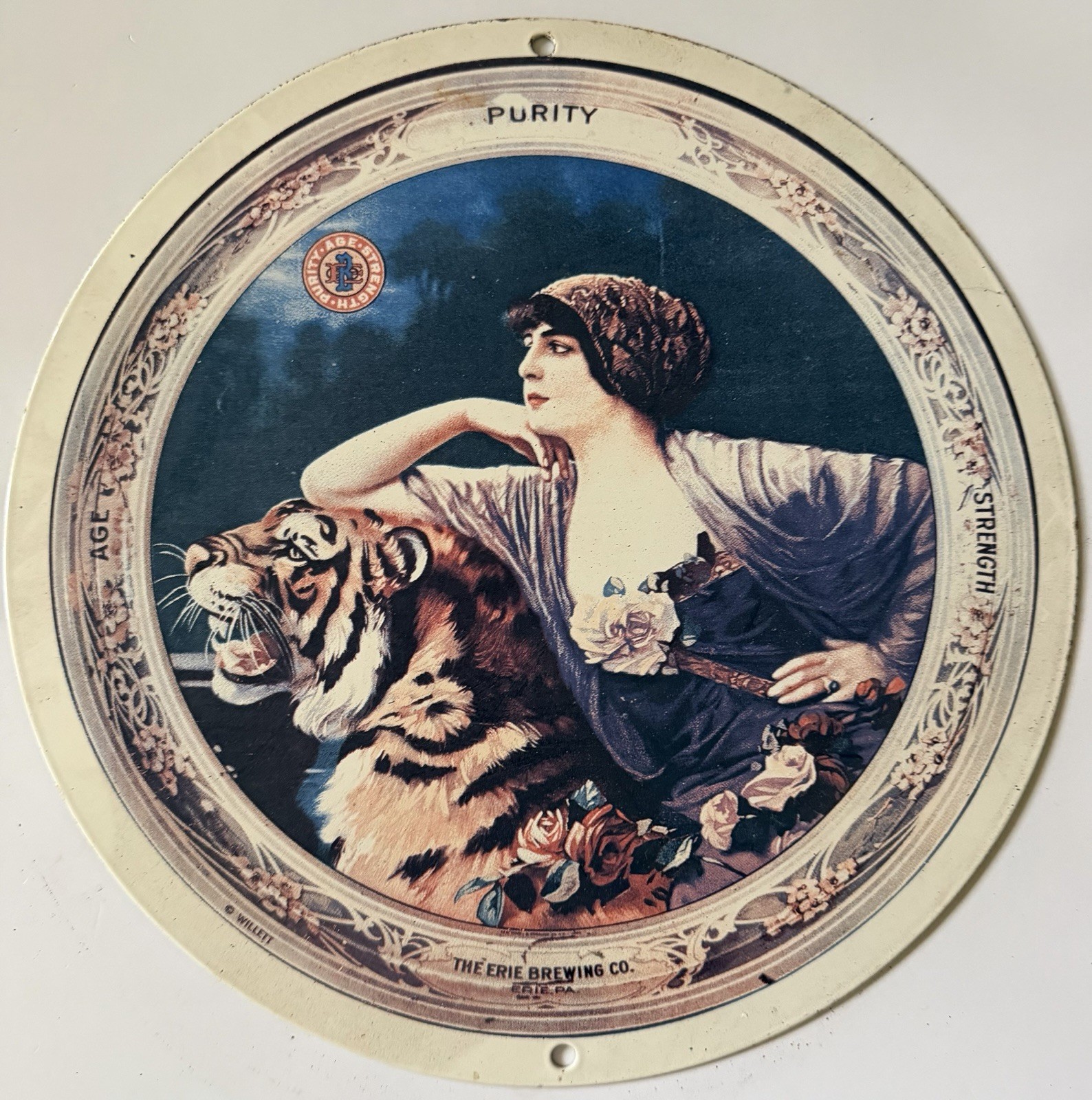 Vintage The Erie Brewing Co Erie pa beer Porcelain Enameled Sign Tiger / Woman
