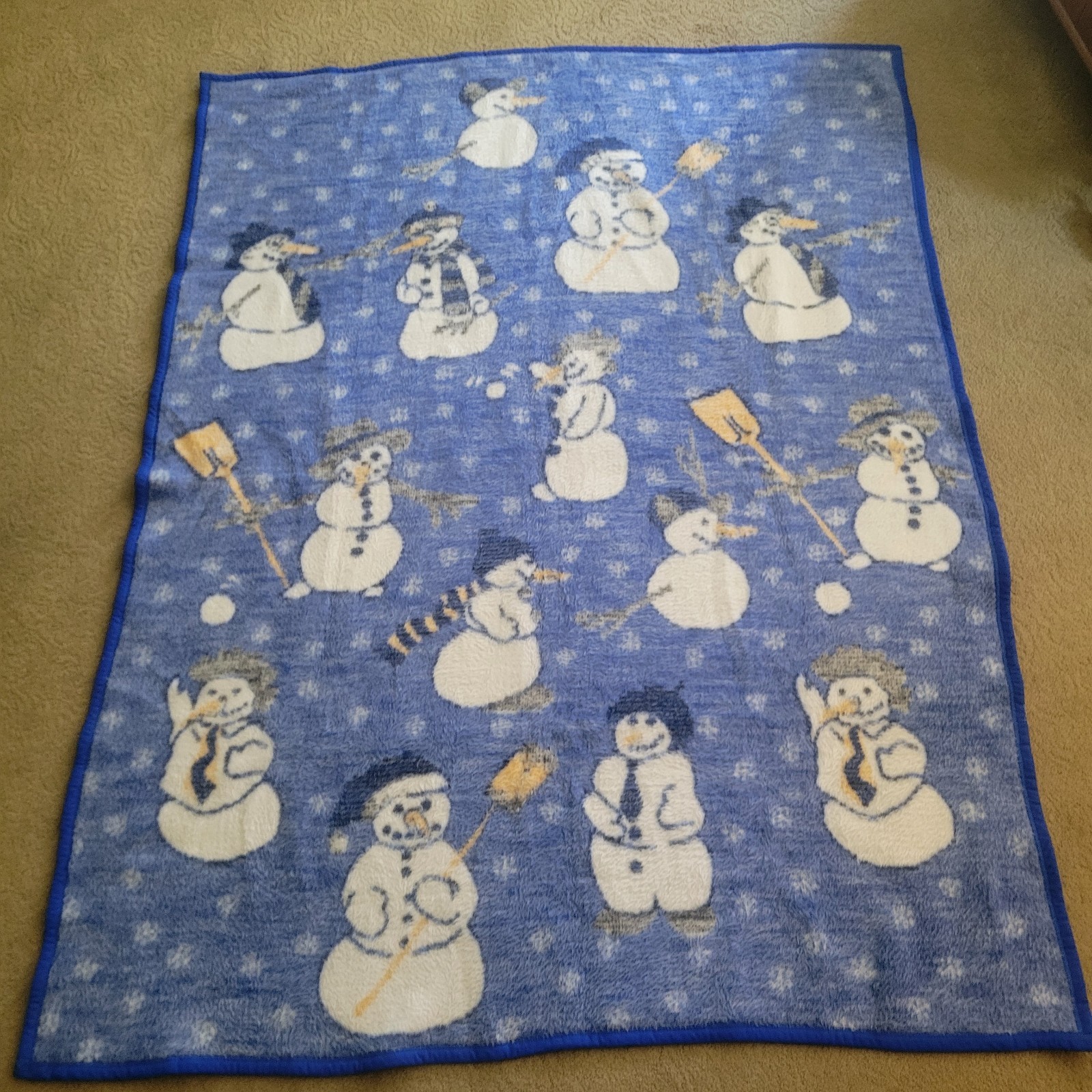 Vintage Biederlack Blanket Snowmen Snowman Winter Blue Reversible 74”X56\