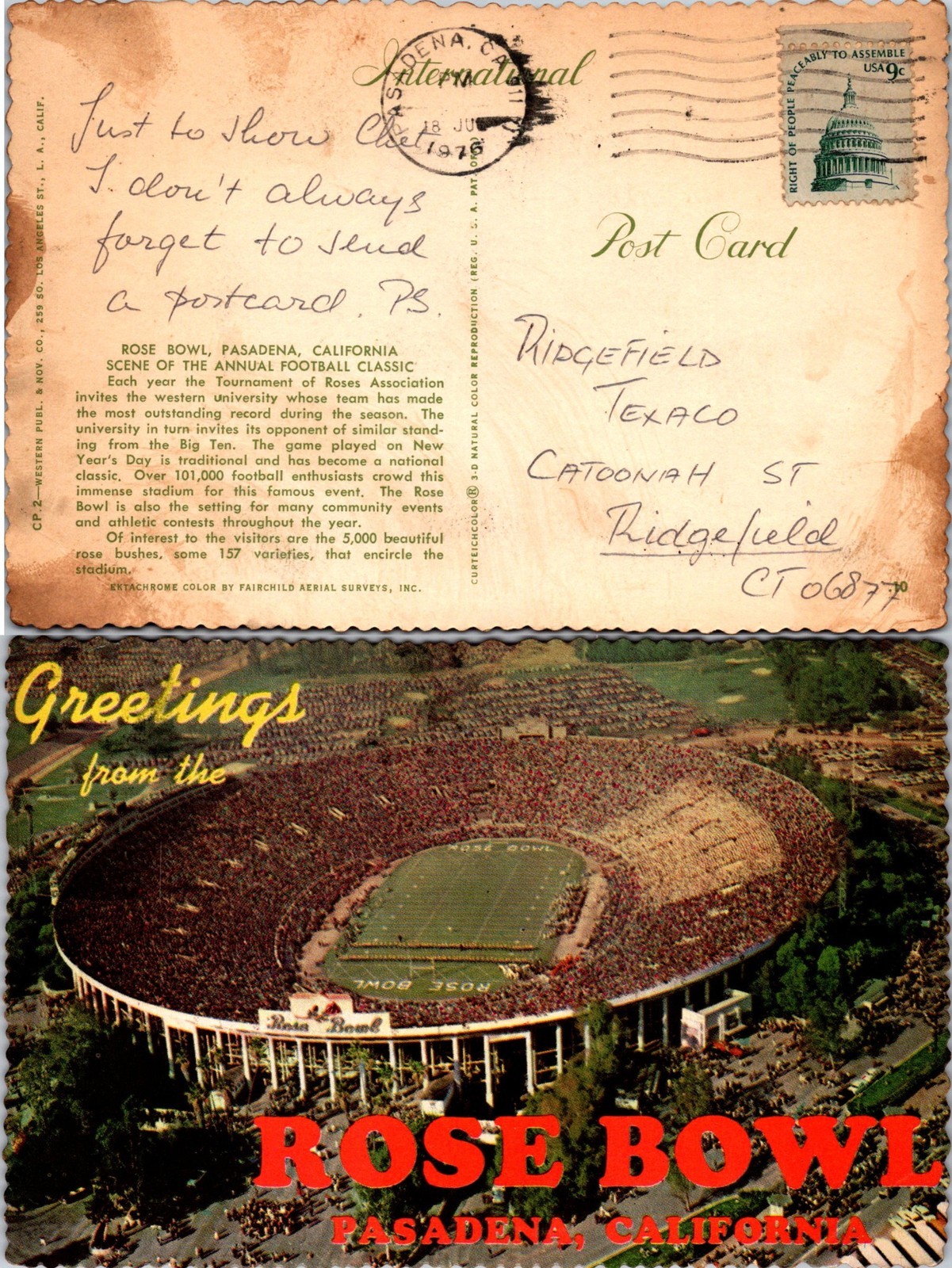 Vintage California Rose Bowl Pasadena CA Postcard Used 50921