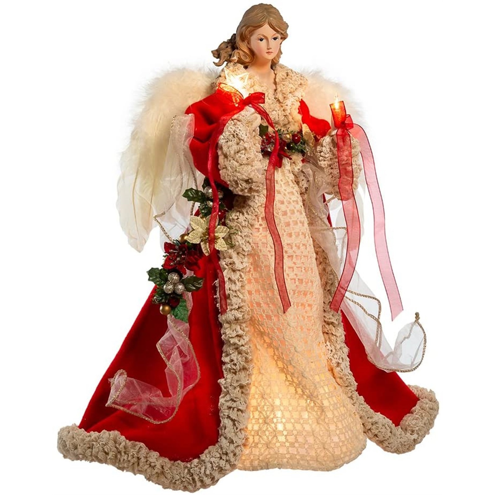 Kurt Adler Lighted Angel Christmas Tree Topper, 16in, Red & Ivory