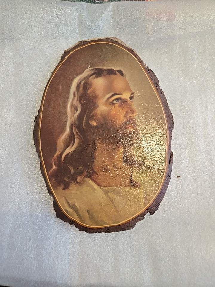 Vintage Warner Sallmans Head of Christ Decoupage Plaque Oval Wood Slab 10” X 7”
