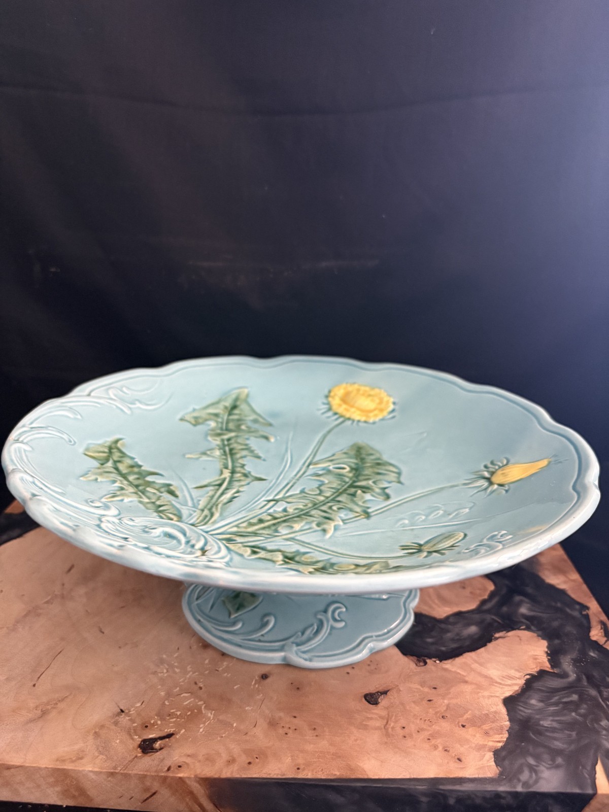 Antique G.S. Zell Baden Germany Majolica Dandelion Pedestal Cake Stand #722C1910