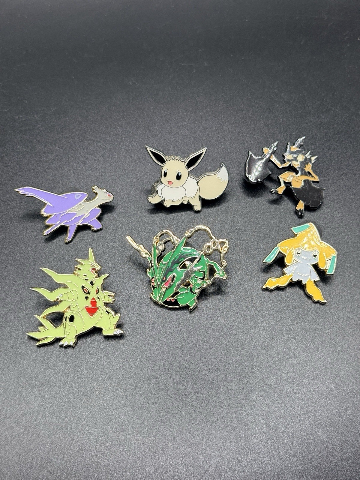 Lot Of 6 Pokemon Enamel Pins Mega Rayquaza Shiny Eevee Mega Tyranitar Jirachi