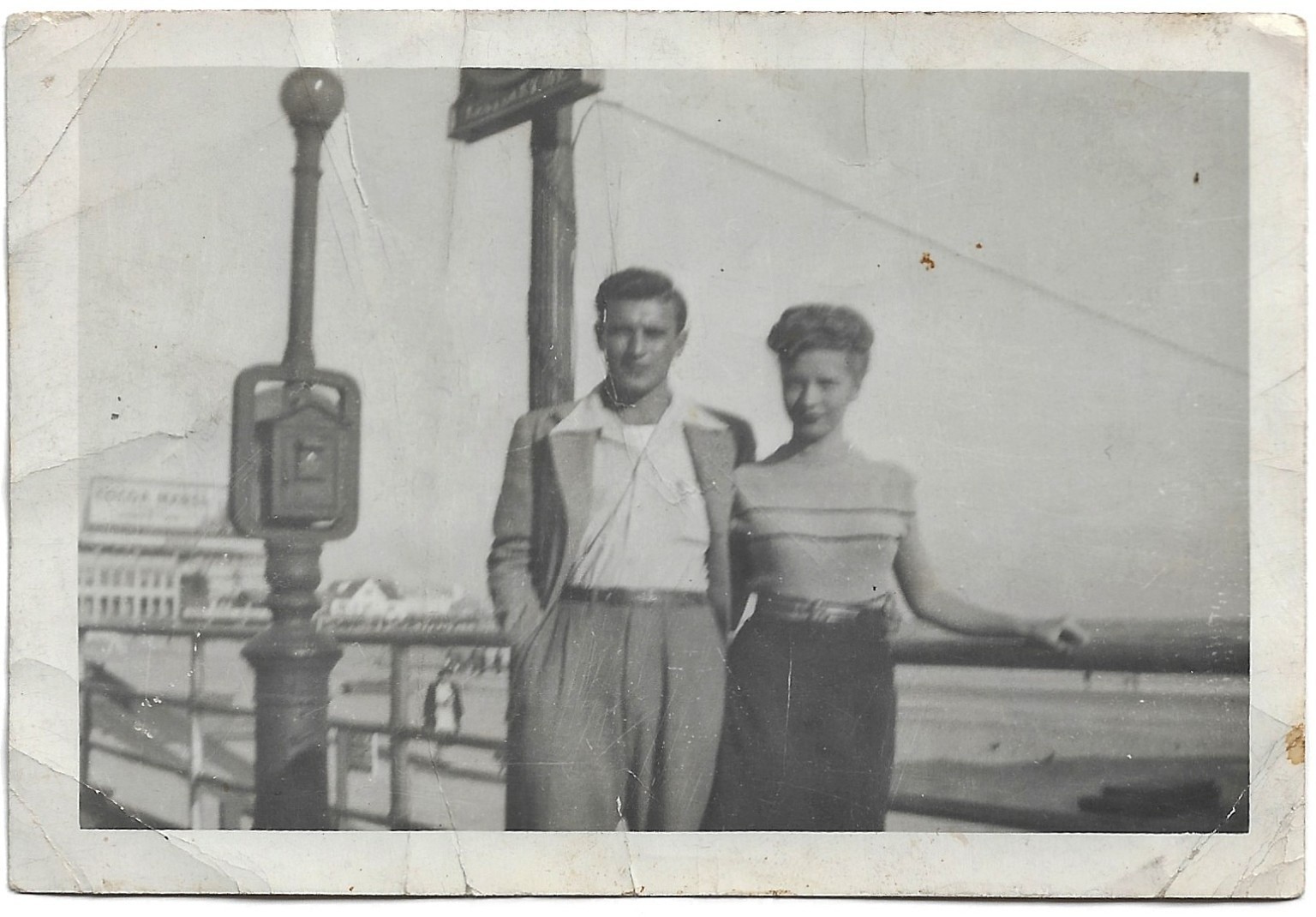 Vintage Old Photo Couple on Pier Next to Old CALL BOX or Fire Alarm Pretty Girl