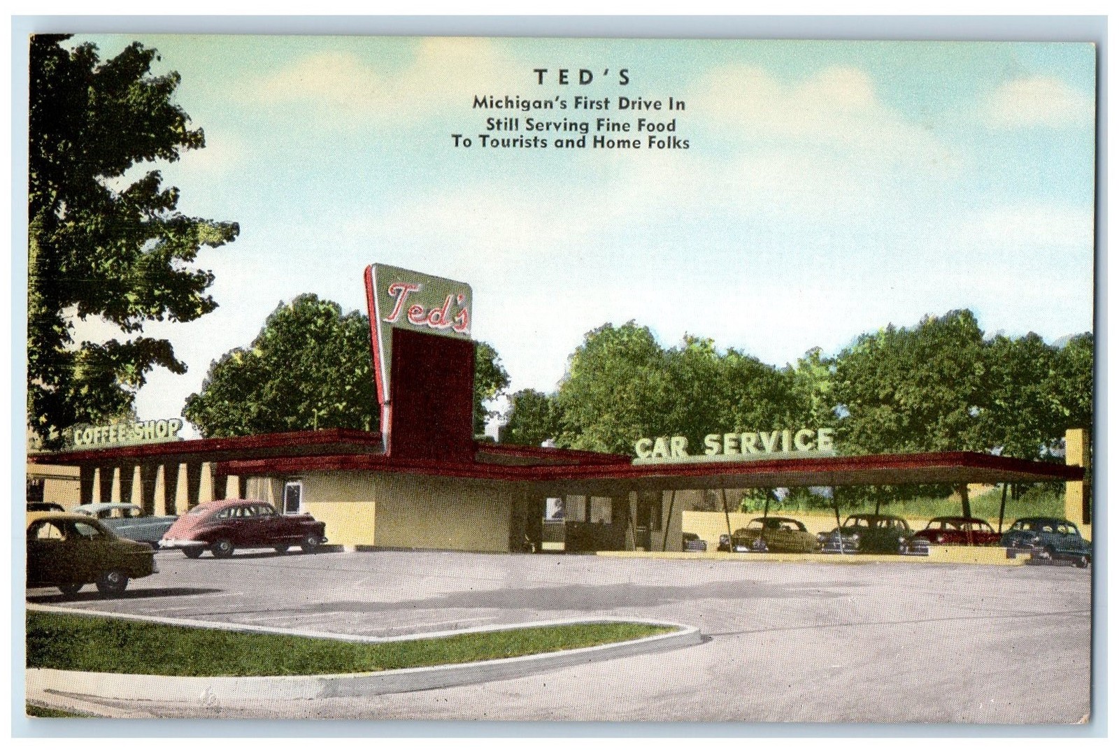 c1940s Ted\'s Michigan First Drive In Roadside Pontiac Michigan MI Cars Postcard c1940s Ted\'s Michigan First Drive In Roadside Pontiac Michigan MI Cars Postcard