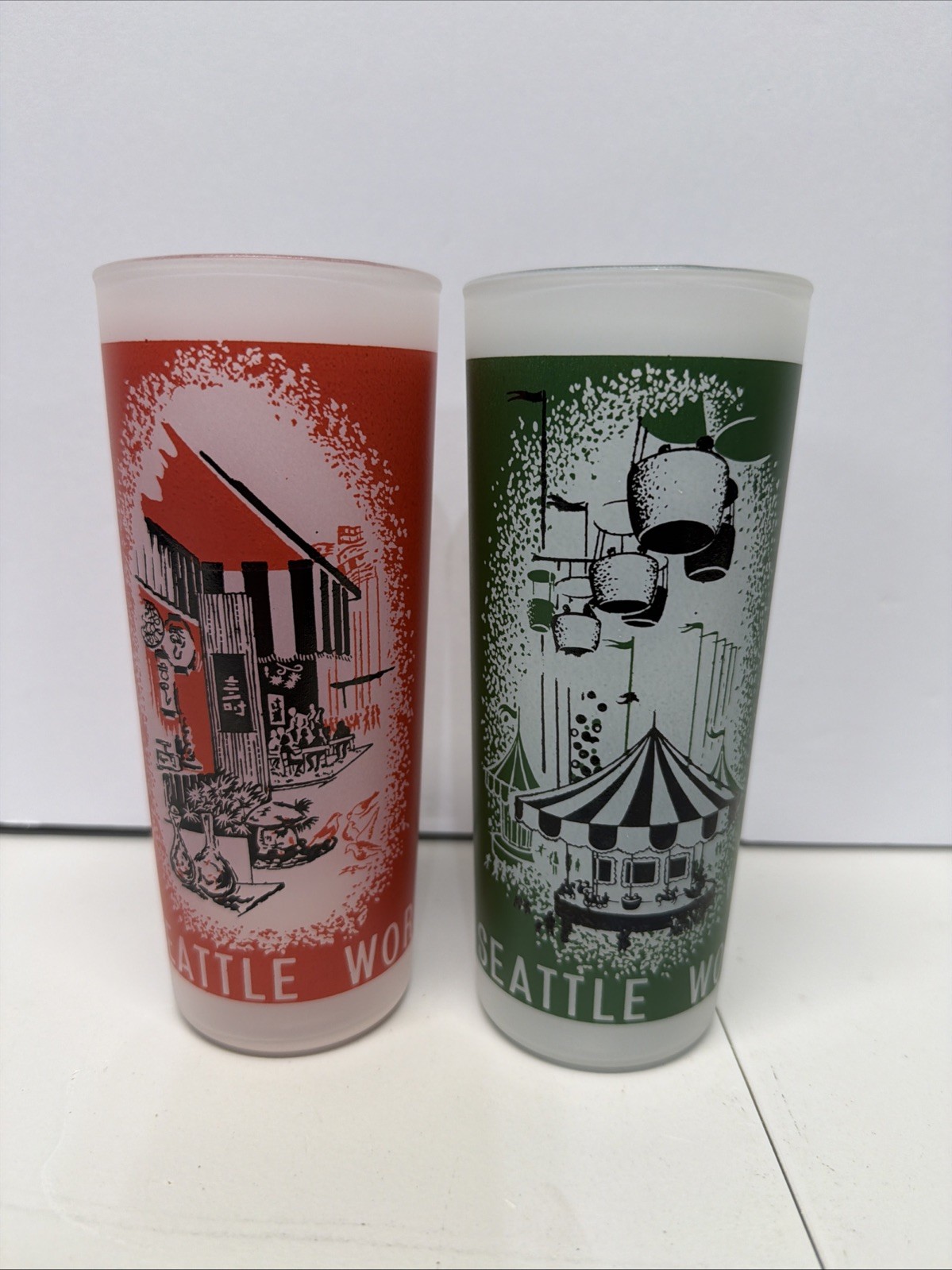 Vintage1962 Seattle Worlds Fair Frosted Glasses Century 21 Set of 2 MCM