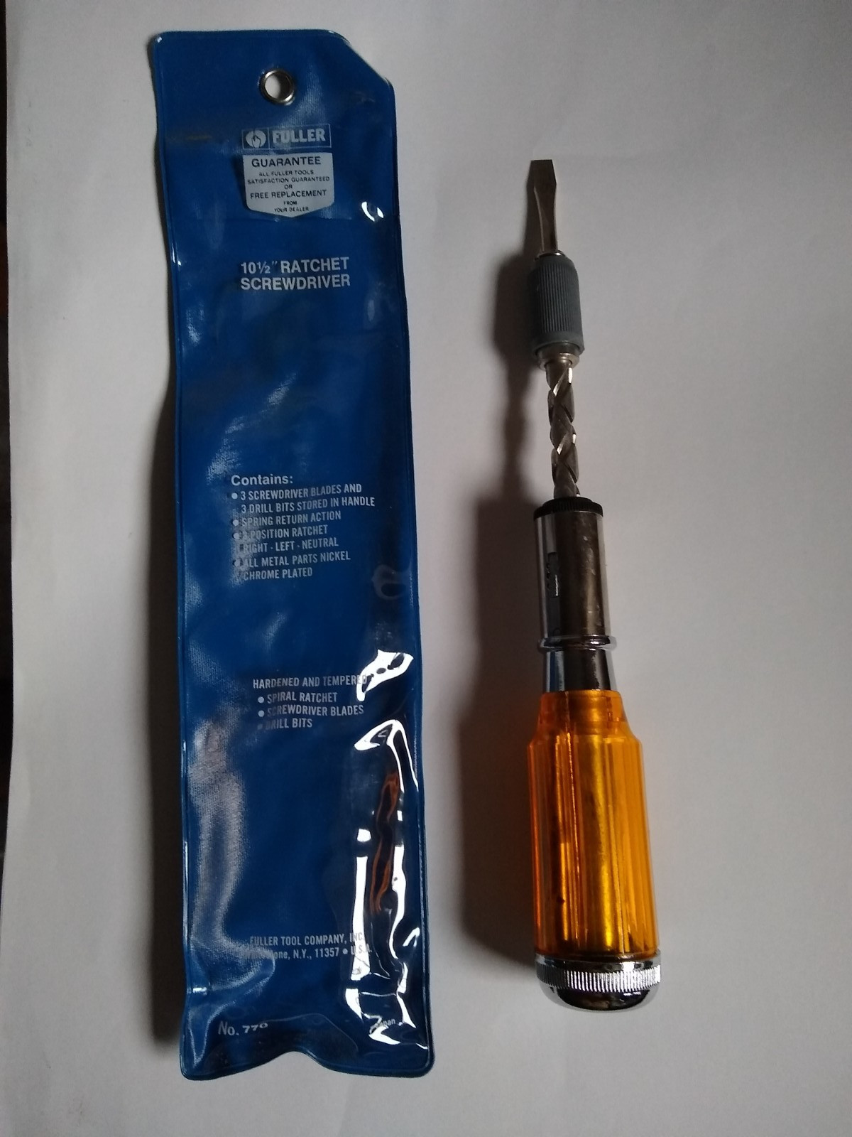 New Original Fuller Brand Press Rotating Spiral Push Ratchet Screwdriver w/bits