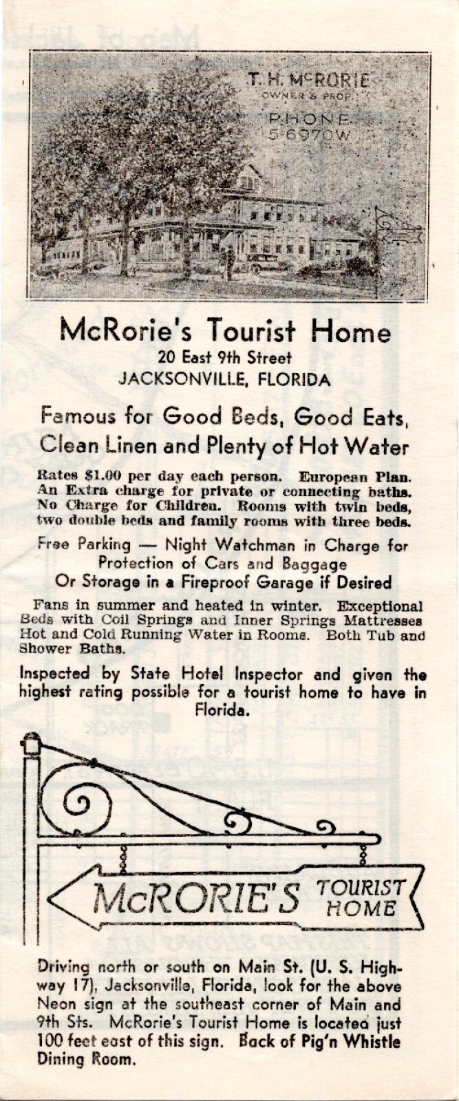 McRorie\'s Tourist Home Jacksonville FL c.1938 Brochure Pig\'n Whistle Dining Room