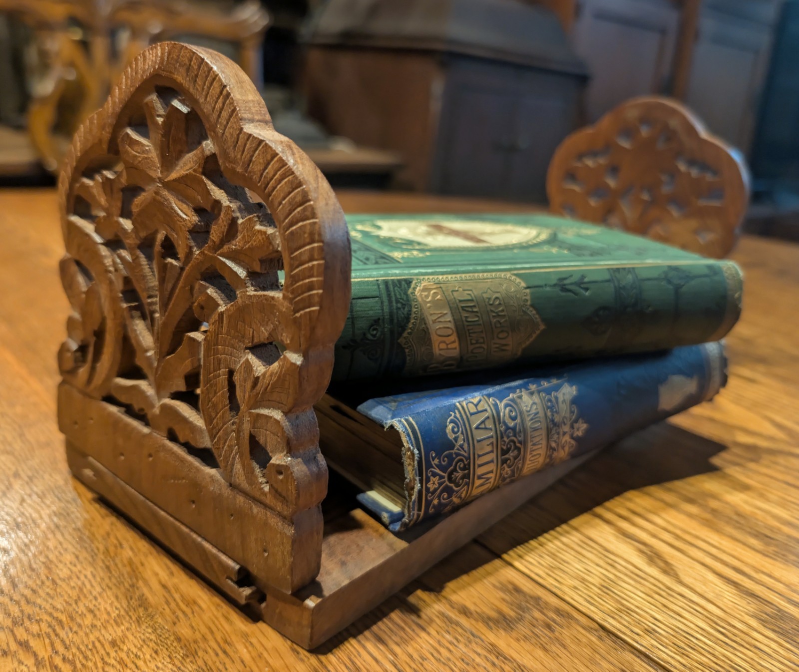 Antique Black Forest Bookend - Sliding Carved Wood Display Shelf 