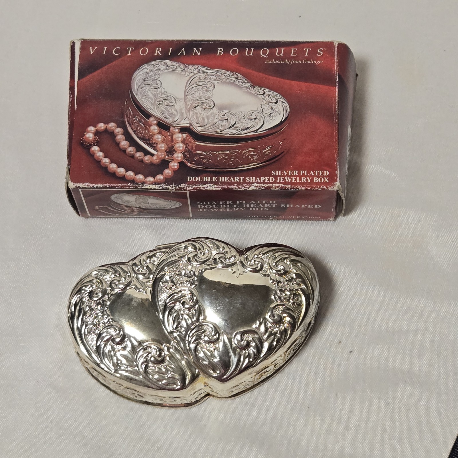 Vtg Double Heart Silverplate Velvet  Godinger Jewelry Trinket Original Box 1989