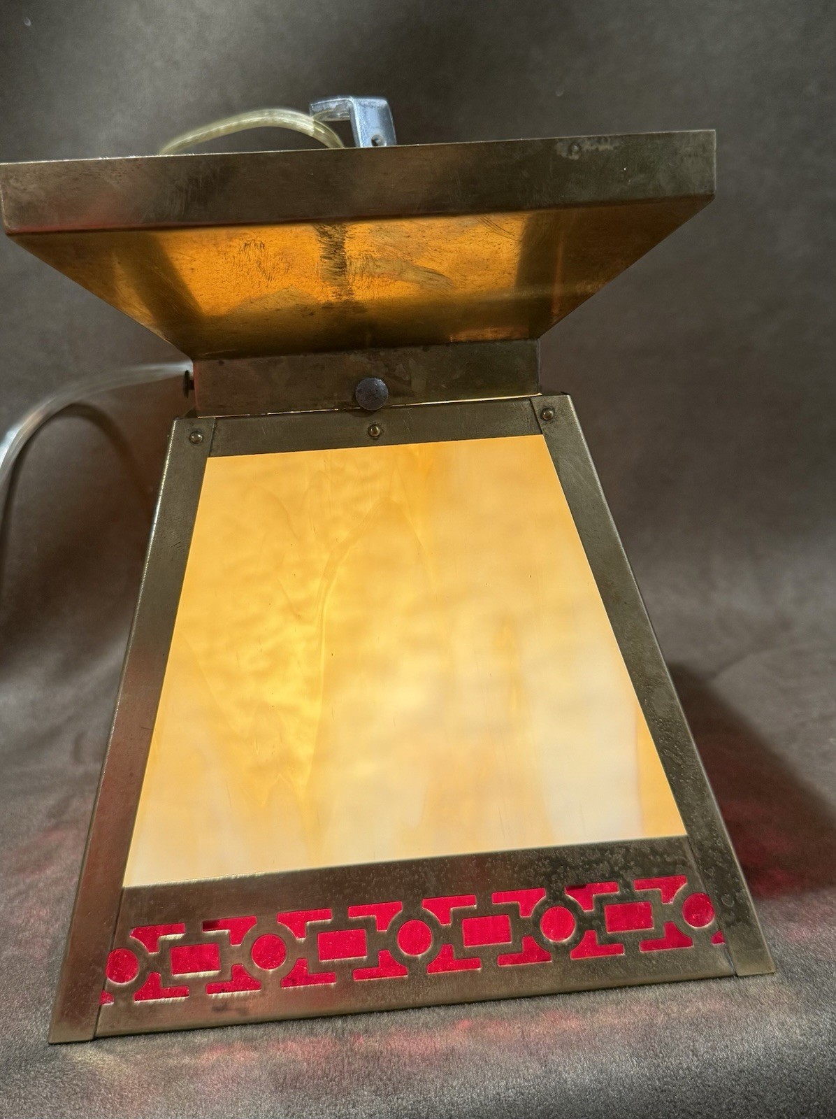 Antique Mission Arts & Crafts Carmel & Red Slag Glass Ceiling Light Fixture