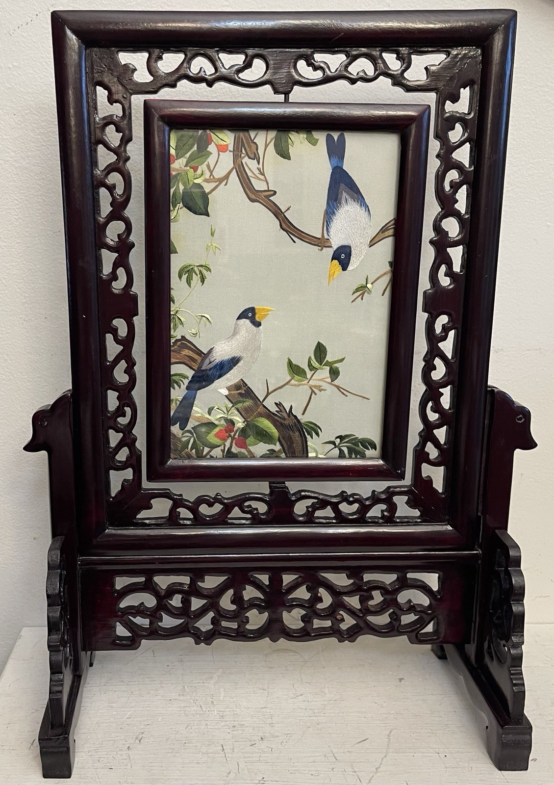 Large Vtg Chinese Suzhou Double-Sided Silk Embroidery Grosbeak Bird Framed Art