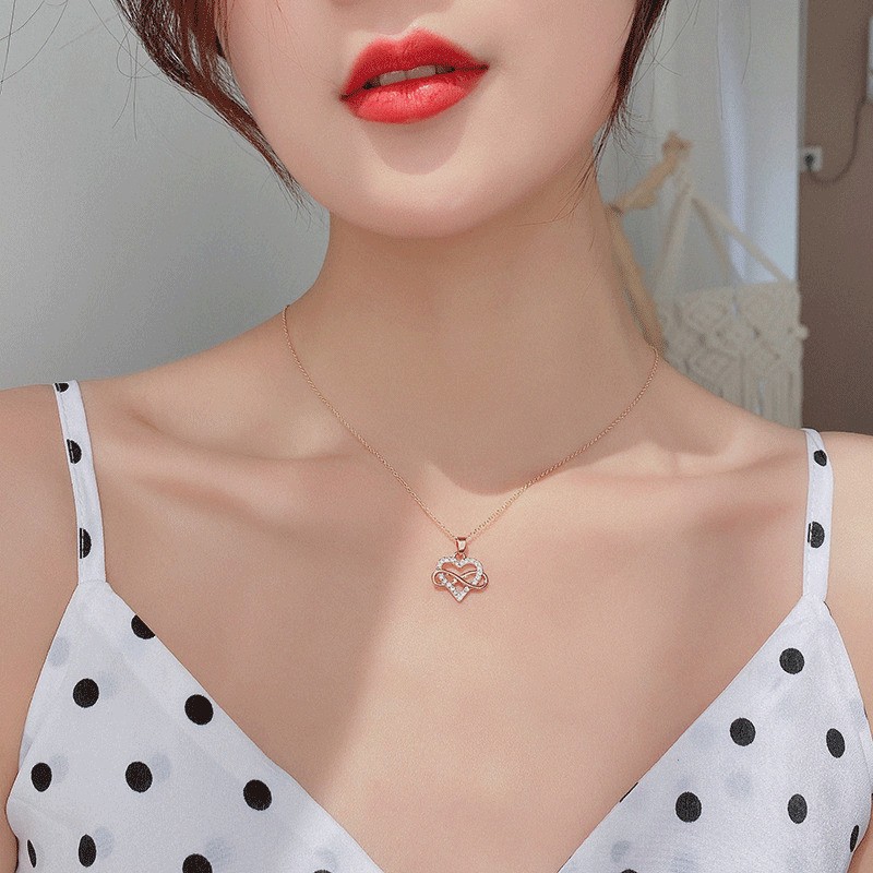Rose Golden Infinity Heart Pendant Necklace - Delicate Cable Chain