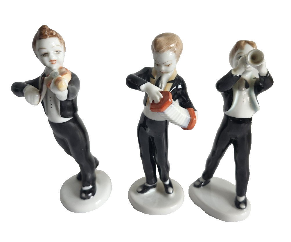 VTG Set of 3 Hungarian Hollohaza Boy Playing Instruments Porcelain Figurines EUC