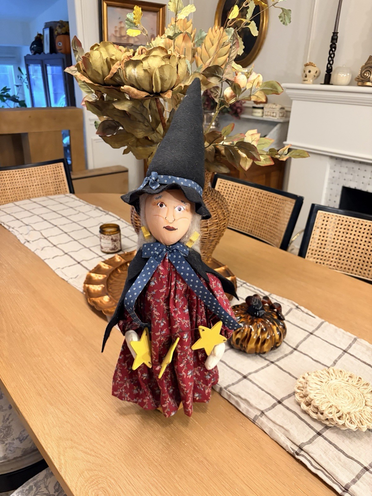 Handmade Wooden Face Folk Art Witch Doll