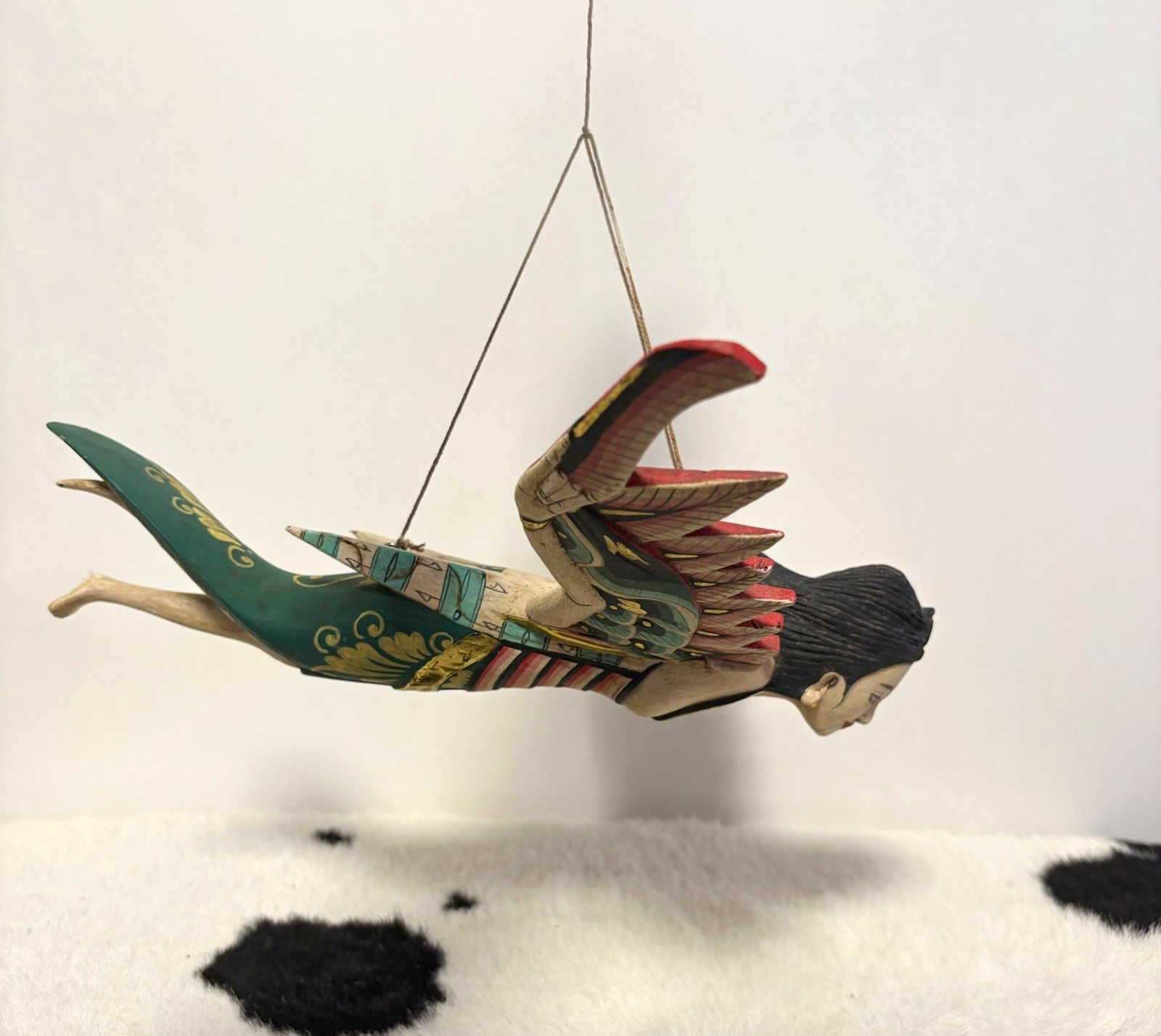 Vtg Balinese Flying Dewi Sri Goddess Wood Carving Hanging Mobile Demon Chaser