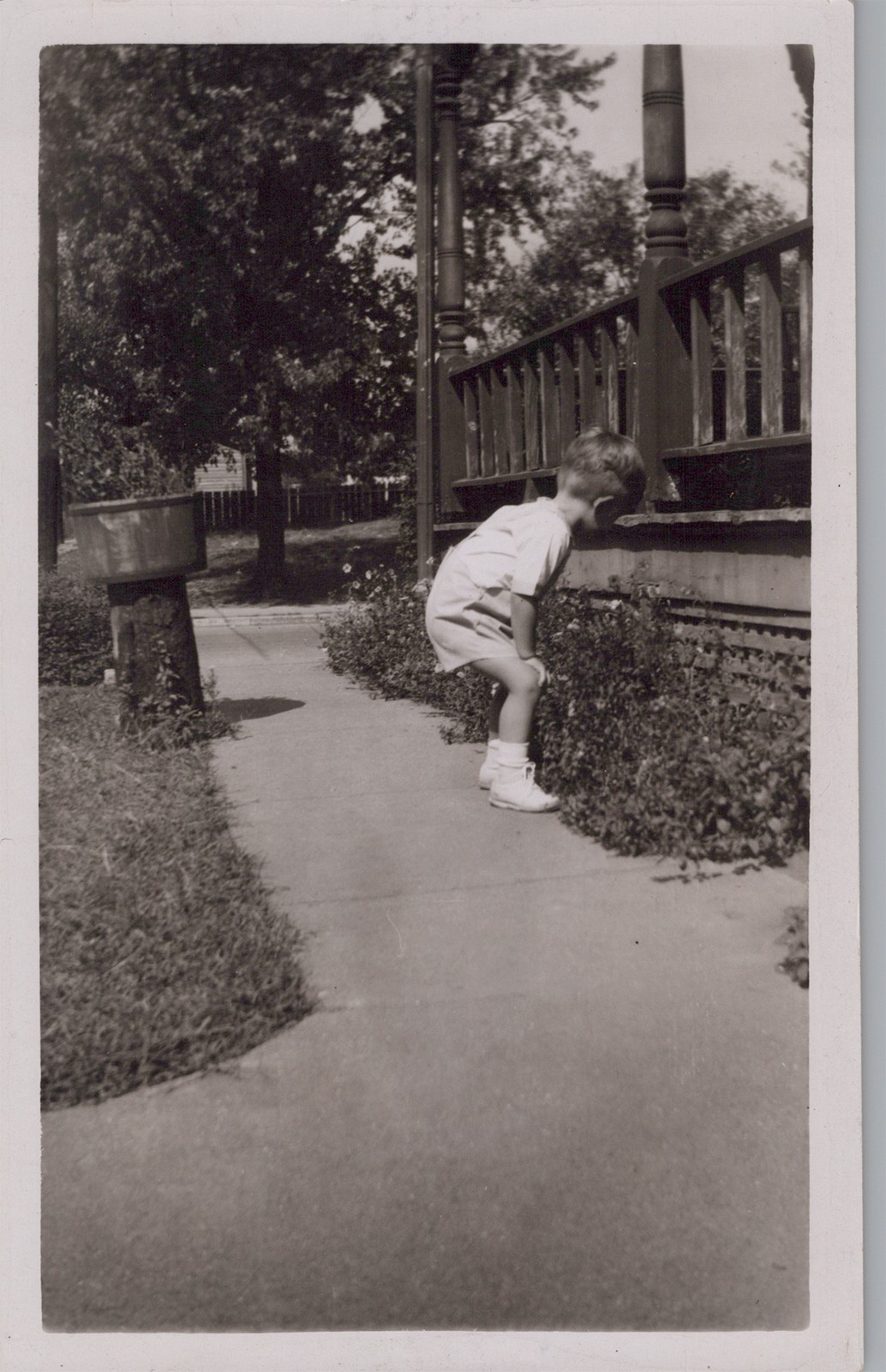 1936 Photo of Child Crouching on Garden Walk Beside Porch Railing