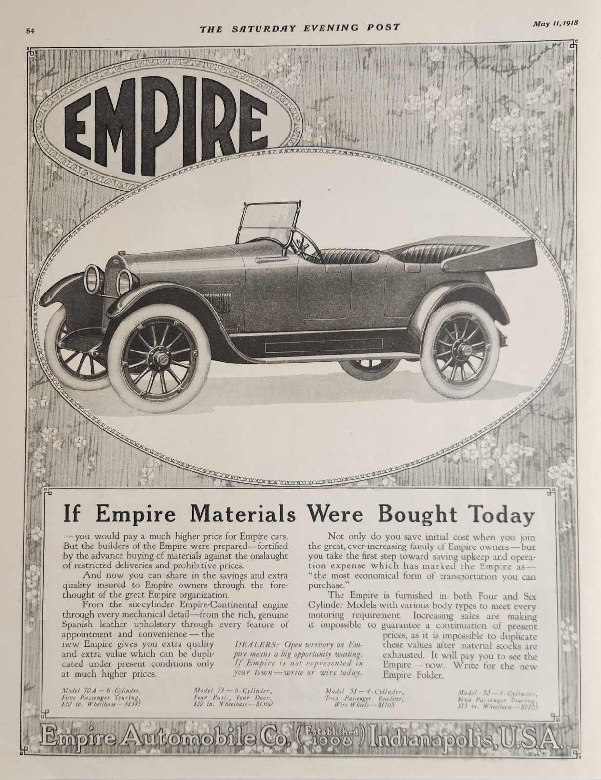1918 Print Ad Empire Automobiles Convertible Car Made in Indianapolis,Indiana