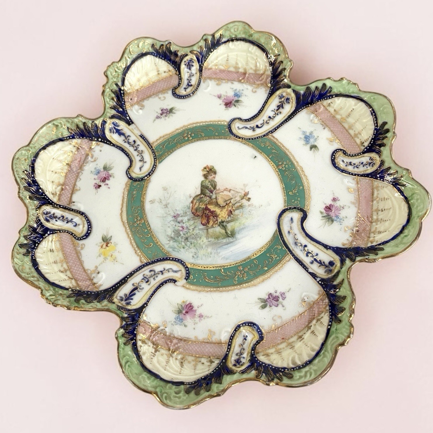 Antique Nippon Portrait Oyster Plate Moriage Gilt Hand Painted 6 Well Rare