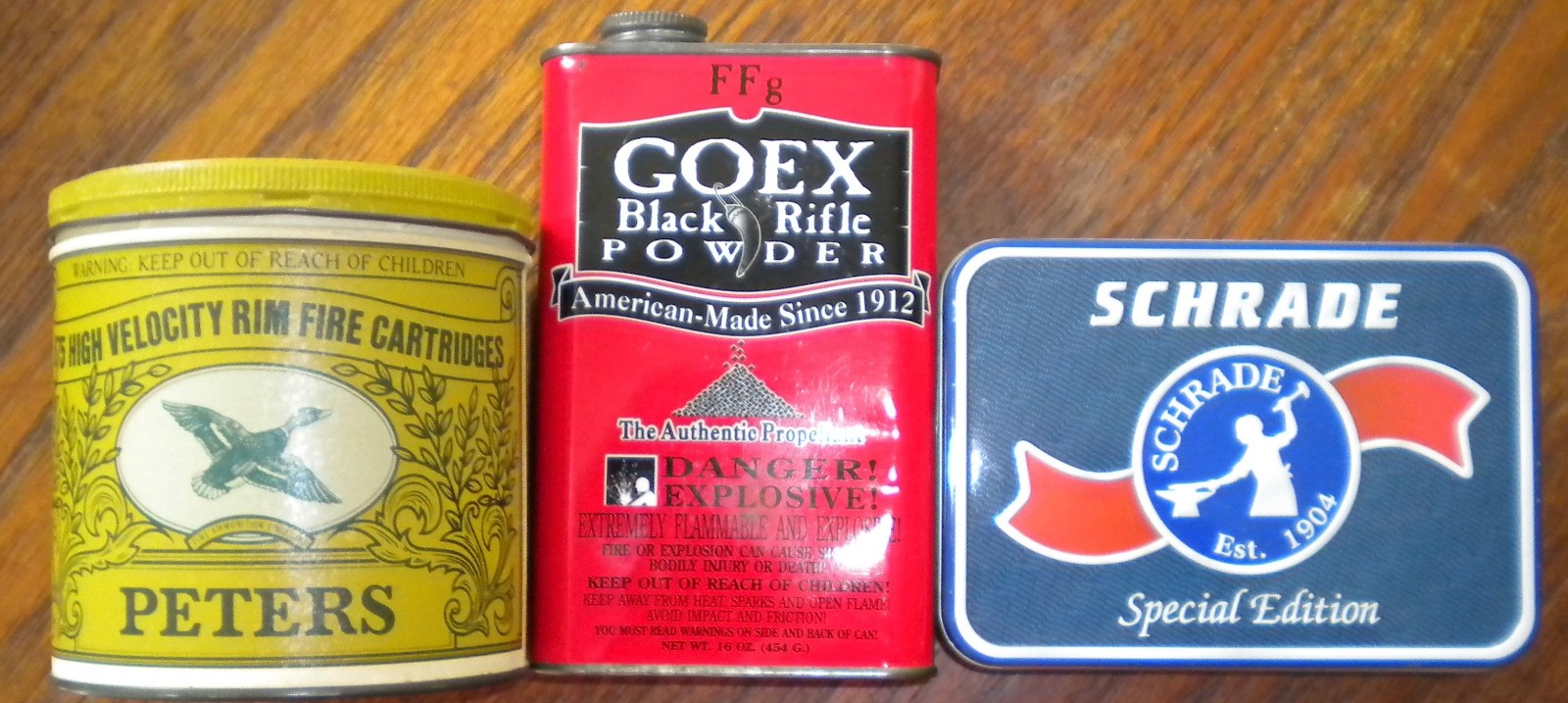 A Trio of Vintage Tin Display Canisters Peters,Schrade, Goex USA 1970-1990's