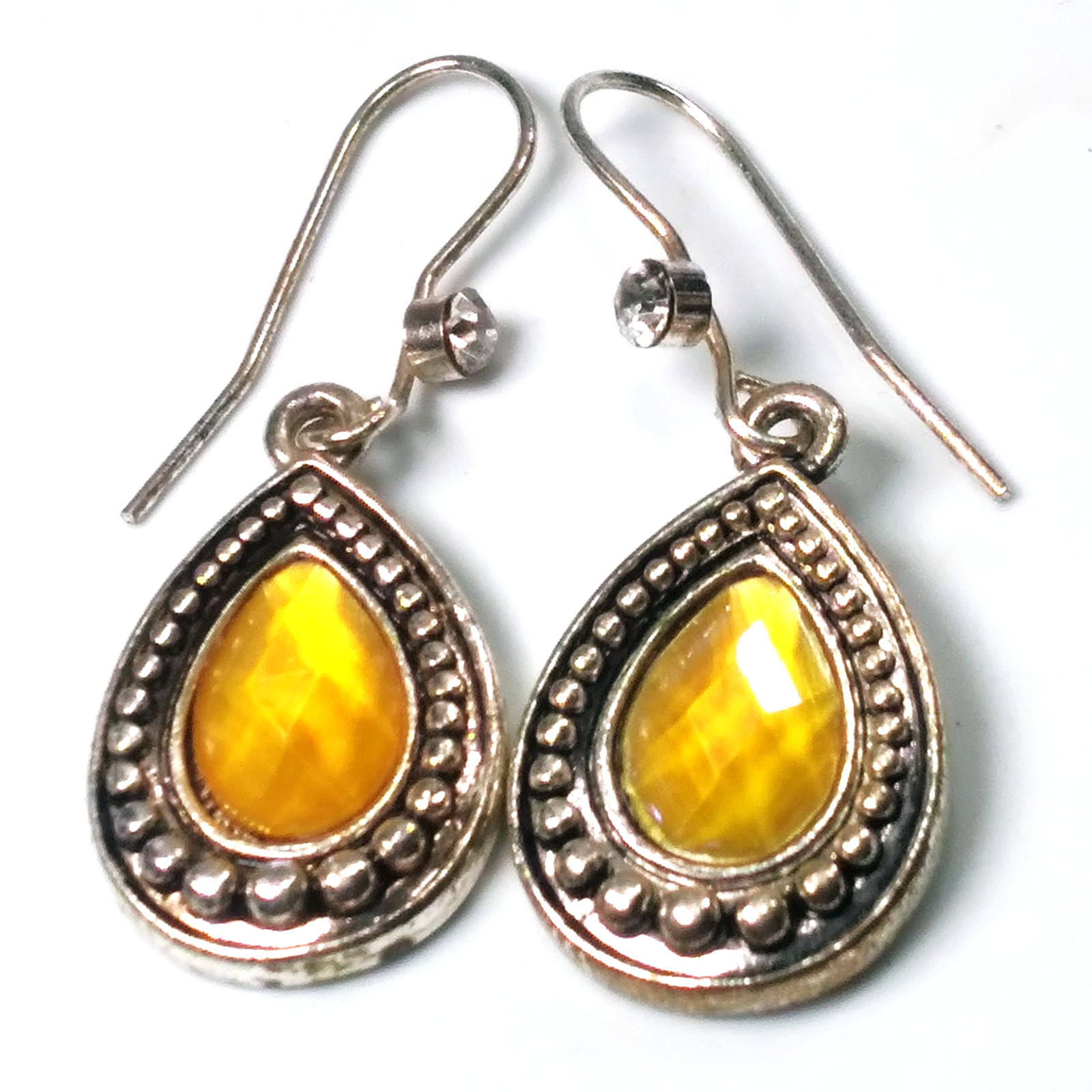 Avon SH Pierced Hook Earrings Silver Tone & Topaz Yellow Teardrops & Rhinestones