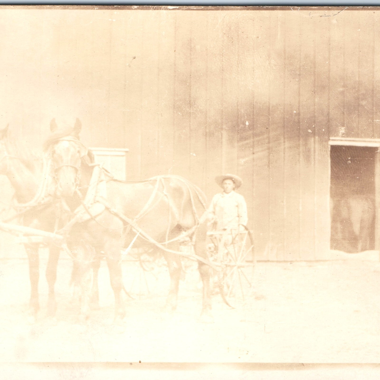c1910s Horse Team Man Barn Farm Wagon Carriage RPPC Real Photo Postcard