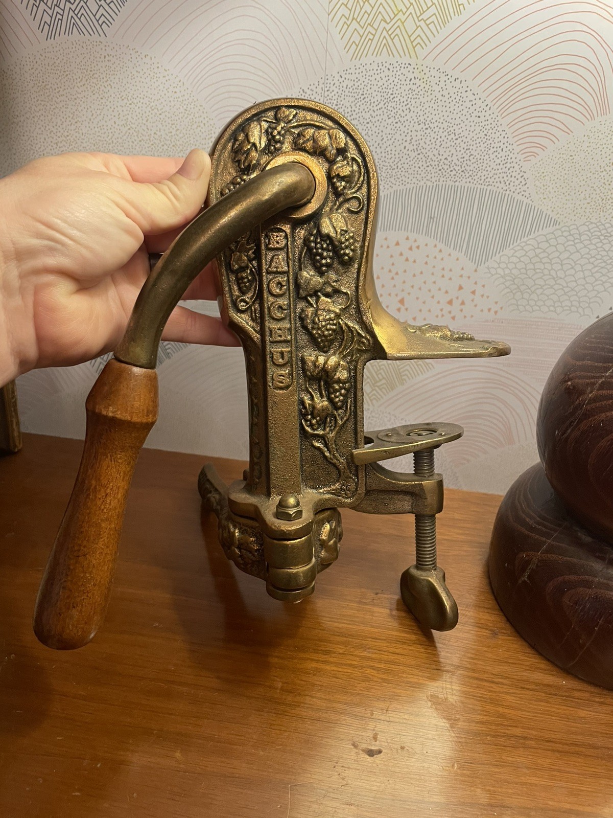 Vintage Bacchus Ornate Brass Wine Bottle Opener Table Vise Mount Corkscrew Italy