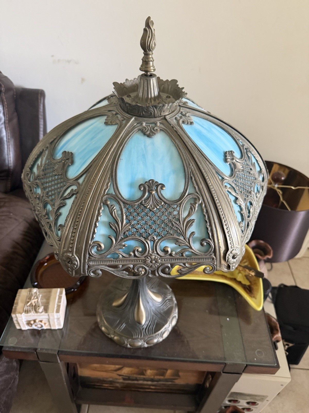 Early 20thc  Leaded Slag Glass Lamp Blue Glass 25 Inch