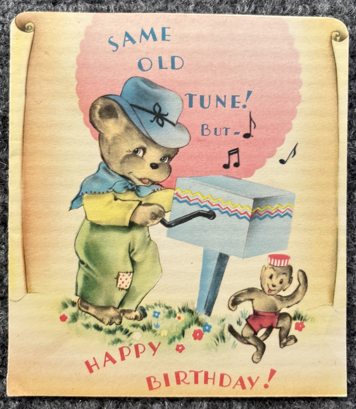 Vintage Greeting Card Birthday Bear Monkey Music Box Organ Grinder Same Old Tune
