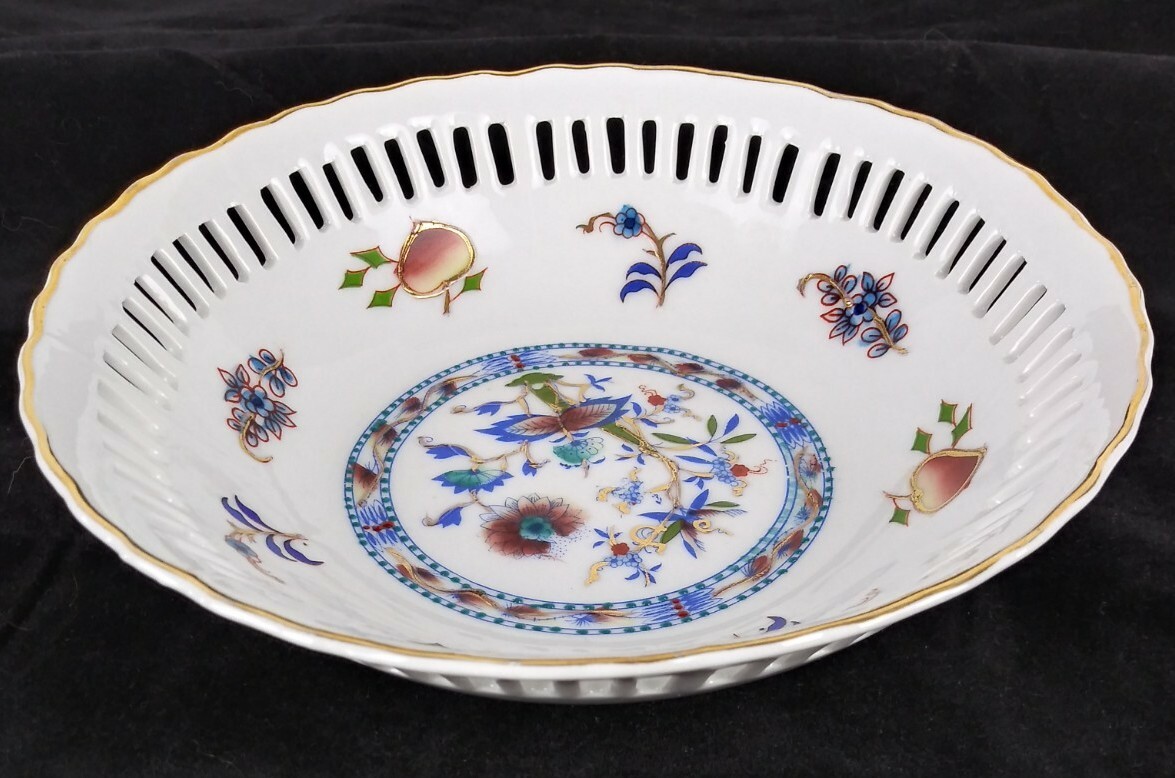 Vintage Round Reticulated Floral Bowl Porcelain Hand Painted Signed 7