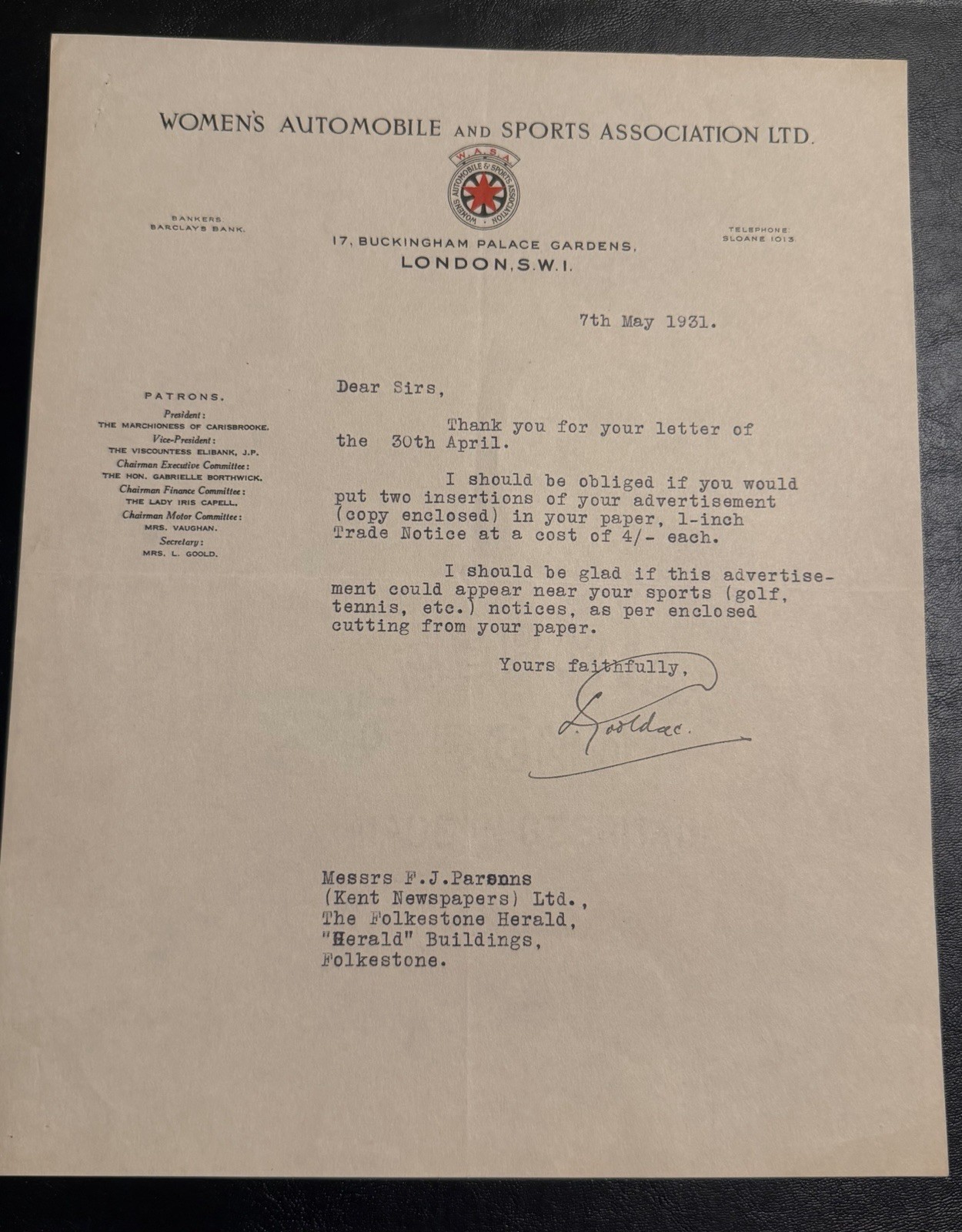 1931 Women\'s Automobile and Sports Association Letterhead WASA London Vintage