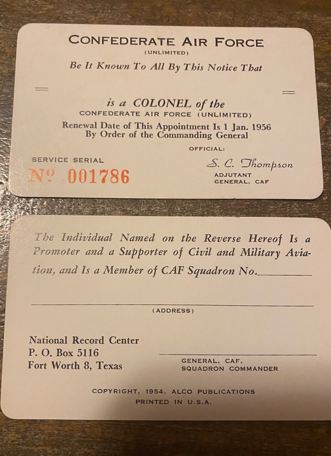 Confederate Air Force Colonel Commission Card(s)