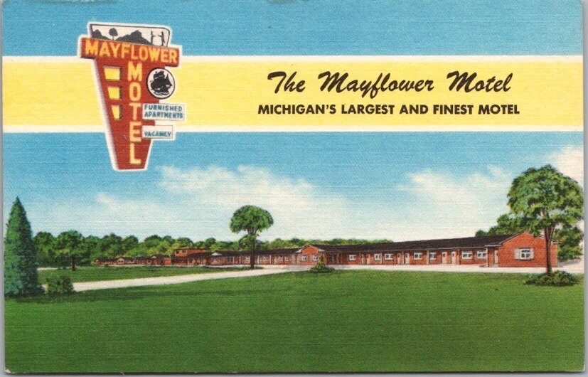 c1950s Detroit, Michigan Postcard THE MAYFLOWER MOTEL Highway 24 Linen Unused