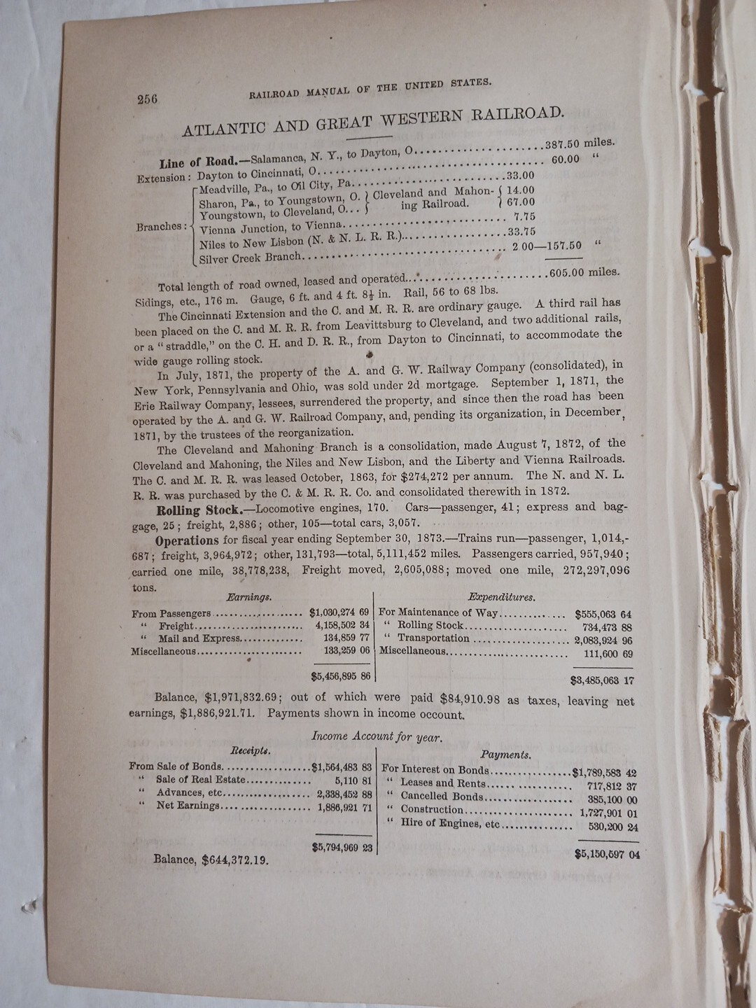 1875 Train Report ATLANTIC & GREAT WESTERN RAILROAD Salamanca NY Dayton Ohio 