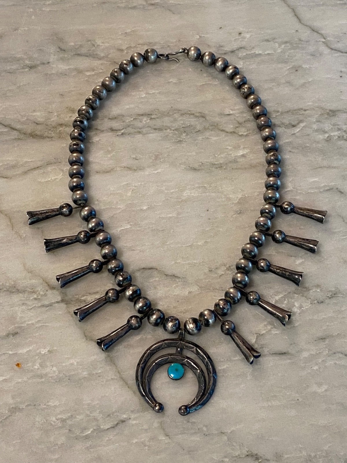 Very Old Old Pawn Navajo 4 Prong Squash Blossom Necklace On Foxtail Chain