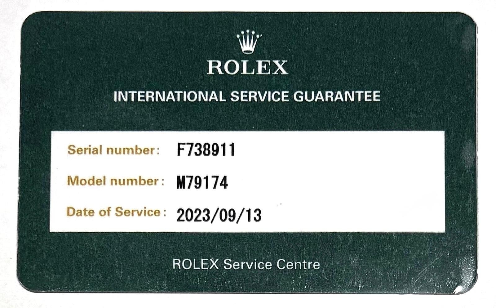 Rolex 79174 Datejust 2-Year Service Warranty Guarantee 2023 F Serial Cert