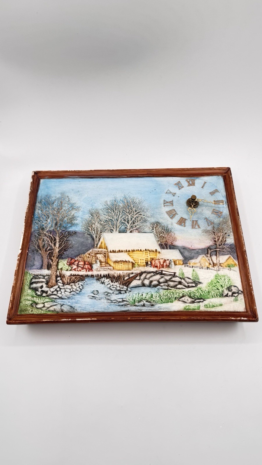 Vintage Byron Molds 1982/83 Hand Painted Winter Farm Scene Wall Clock Signed
