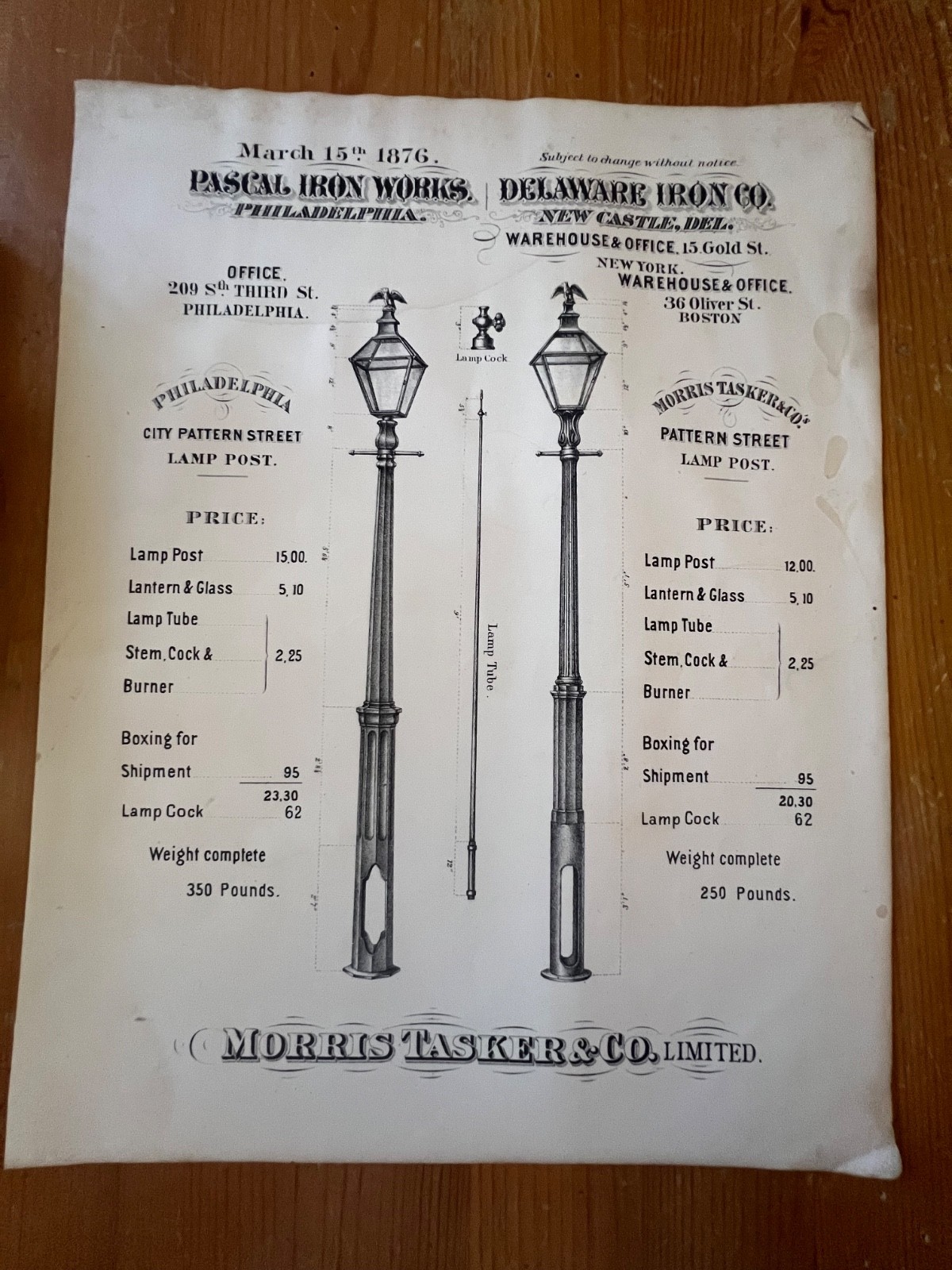 Antique 1876 Morris Tasker Co Flyer Ad Pascal Iron Works Gas Street Lamp Post